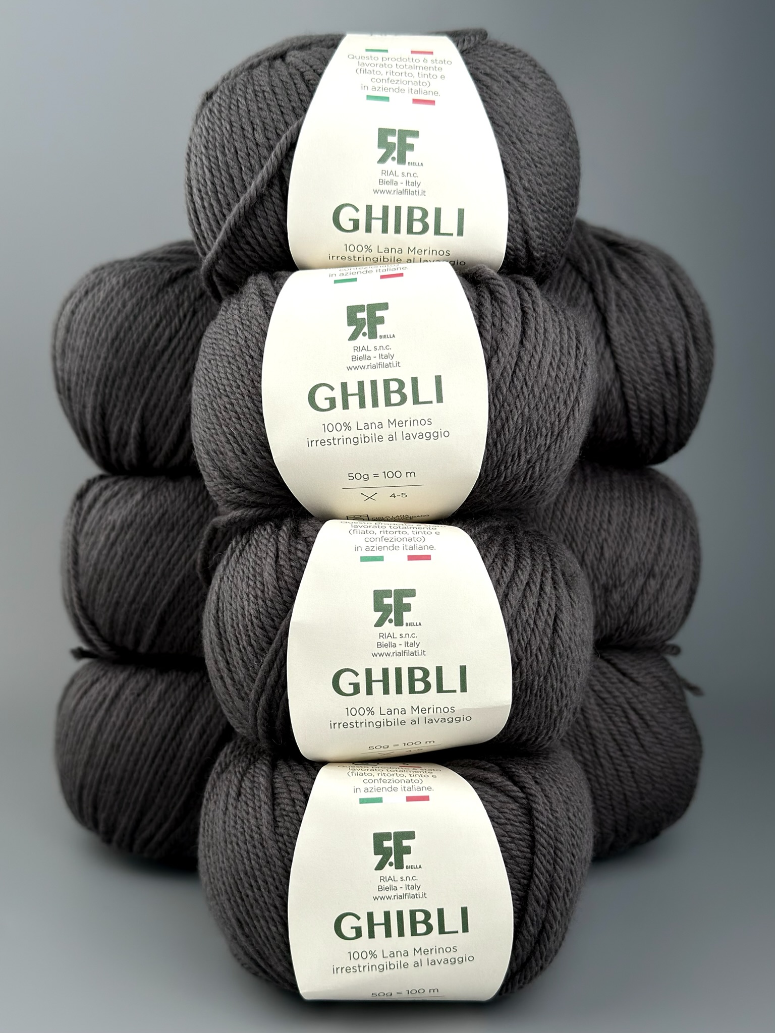 Rial Filati Art. Ghibli – 100% Merinowolle col. 202 Anthrazitgrau, 100 m/50 g (10 Knäuel)