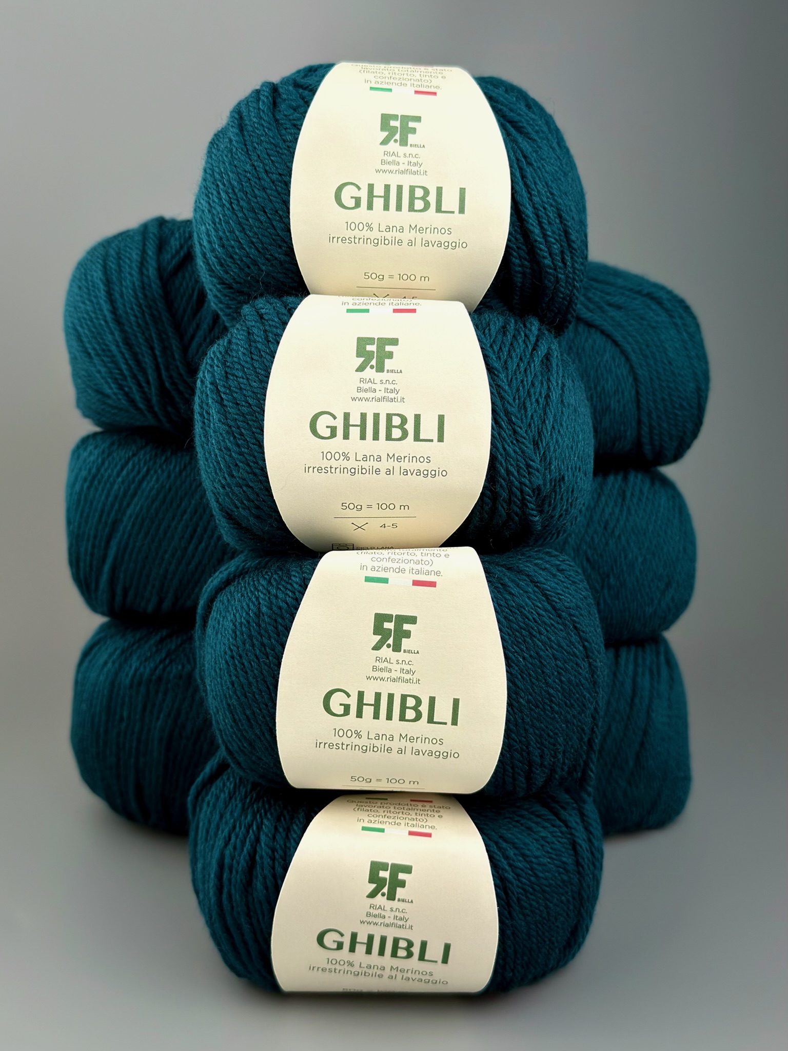 Rial Filati Art. Ghibli – 100% Merinowolle col. 704 Petrolgrün, 100 m/50 g (10 Knäuel)