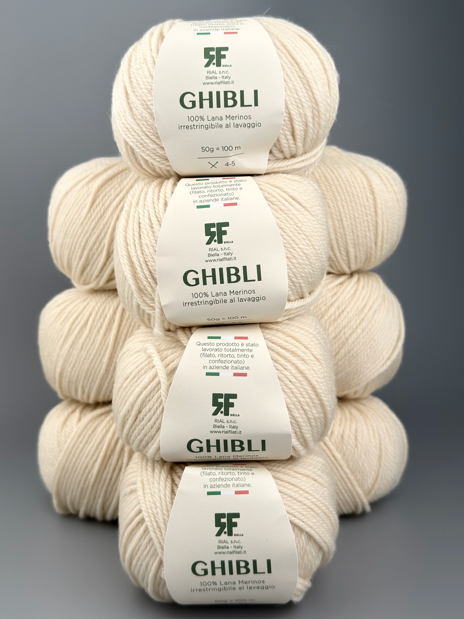 Rial Filati Art. Ghibli – 100% Merinowolle col. 703 Elfenbein, 100 m/50 g (10 Knäuel)