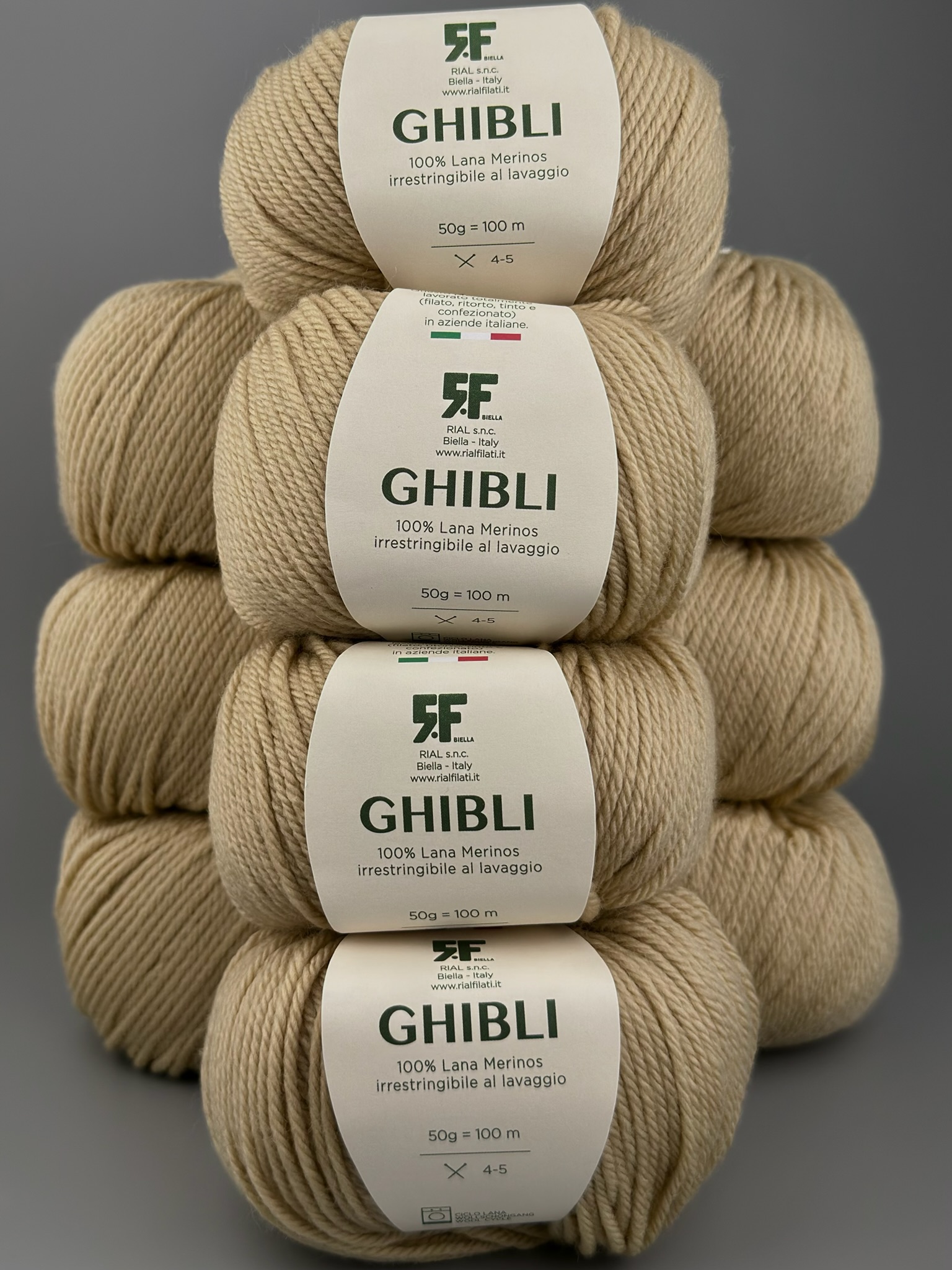 Rial Filati Art. Ghibli – 100% Merinowolle col. 1216 Elfenbeinbeige, 100 m/50 g (10 Knäuel)