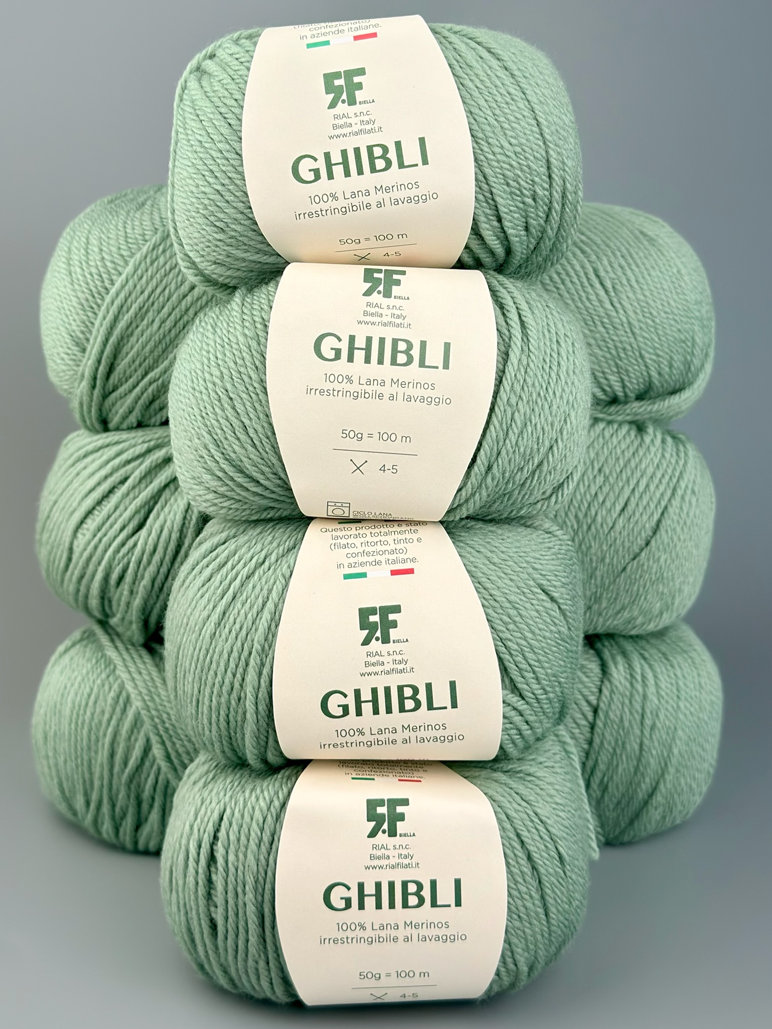 Rial Filati Art. Ghibli – 100% Merinowolle col. 703 Salbeigrün, 100 m/50 g (10 Knäuel)