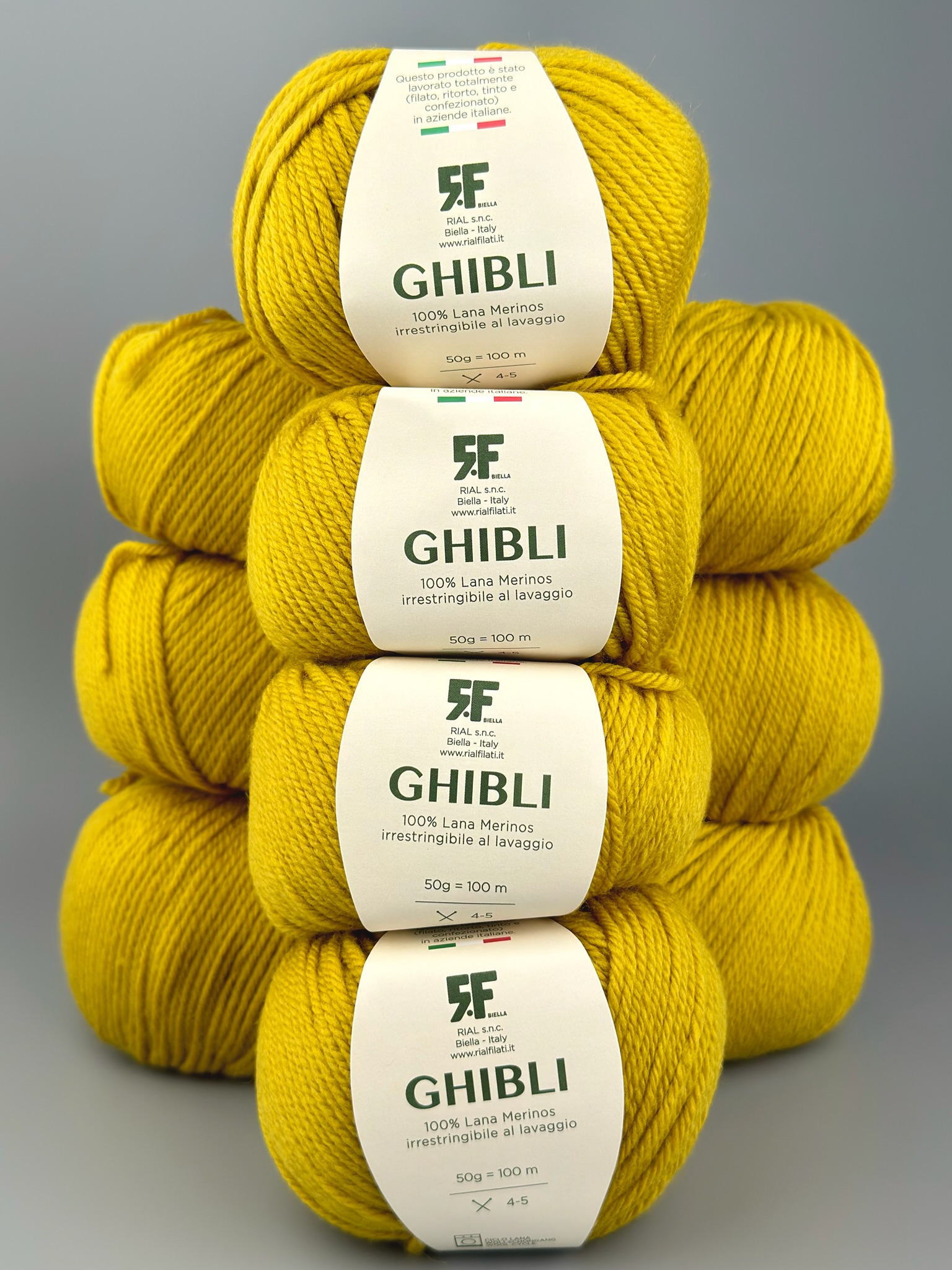 Rial Filati Art. Ghibli – 100% Merinowolle col. 847 Goldocker, 100 m/50 g (10 Knäuel)