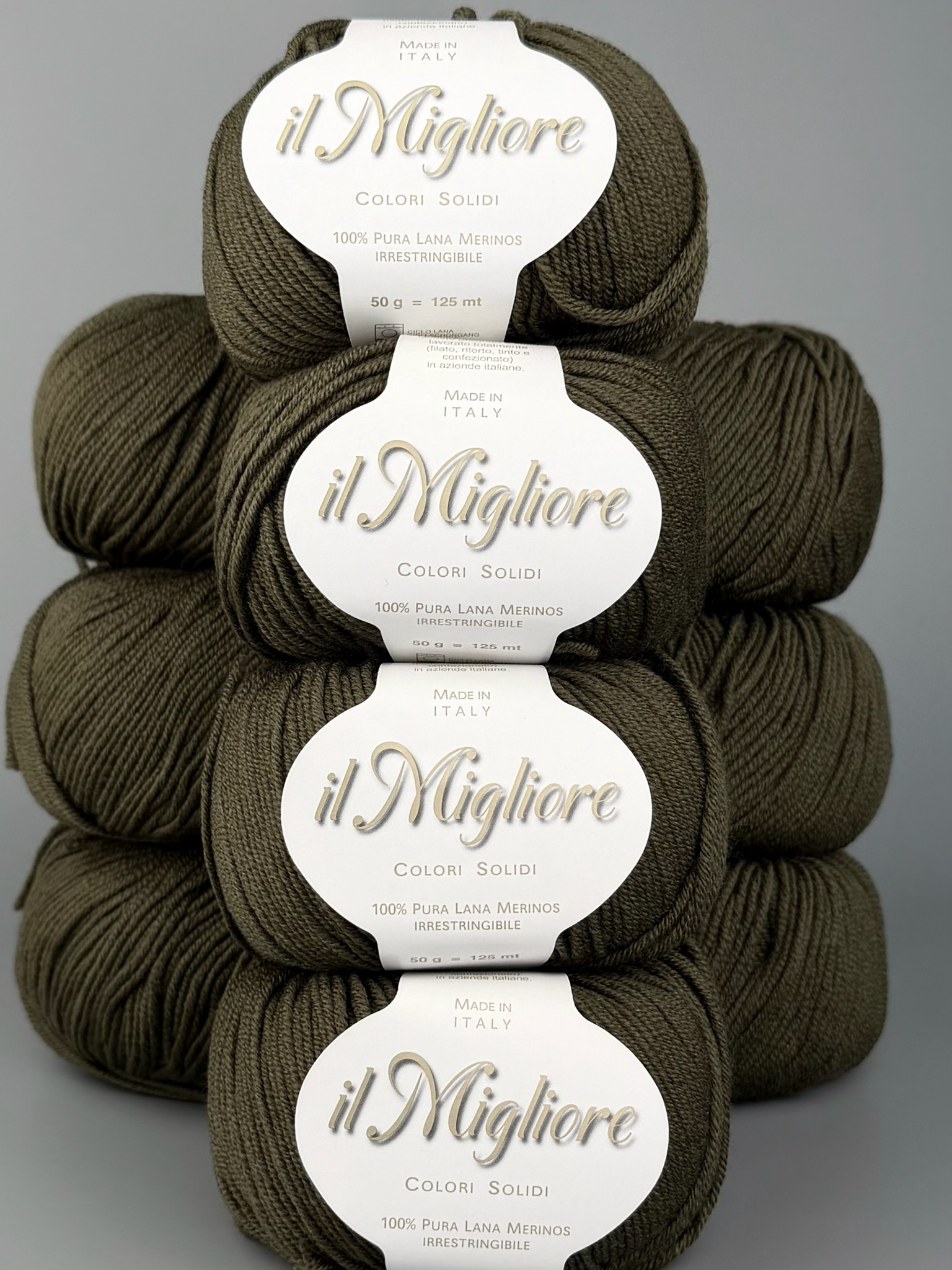 Art. Migliore (10 gomitoli) – 100% lana merino extrafine col. Verde oliva scuro