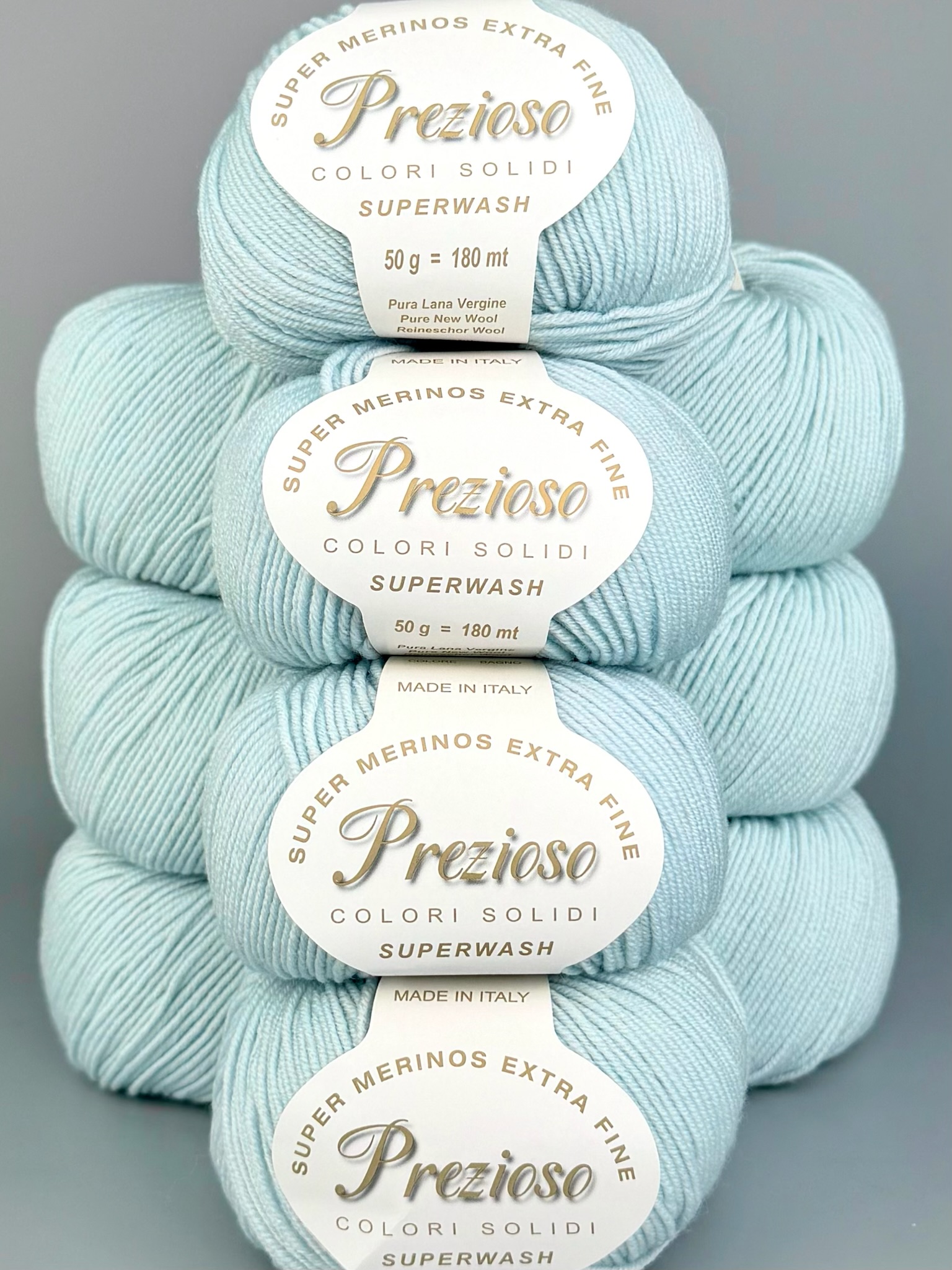 Art. Prezioso (10 Knäueln) – 100 % extrafeine Merinowolle Superwash col. Eisblau 30-5